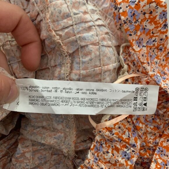 Zara Womens Floral Smocked Mini Dress Orange L Large 100% Cotton Summer Dress - Picture 9 of 10